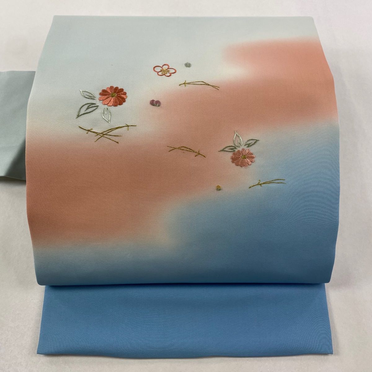 名古屋帯 秀品 松葉 梅 金糸 刺繍 水色 正絹