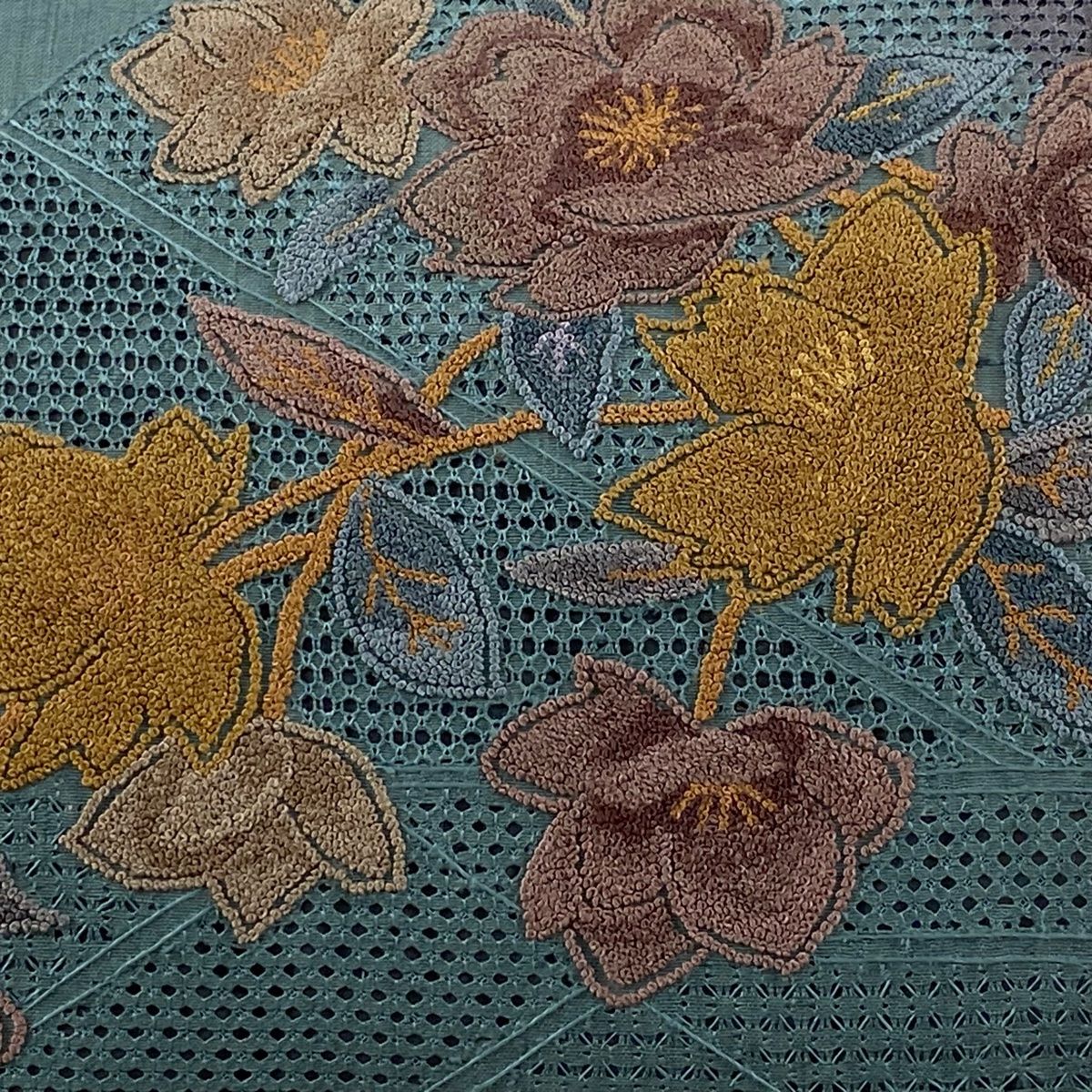 袋帯 秀品 紬地 草花 刺繍 灰緑 お太鼓柄 正絹
