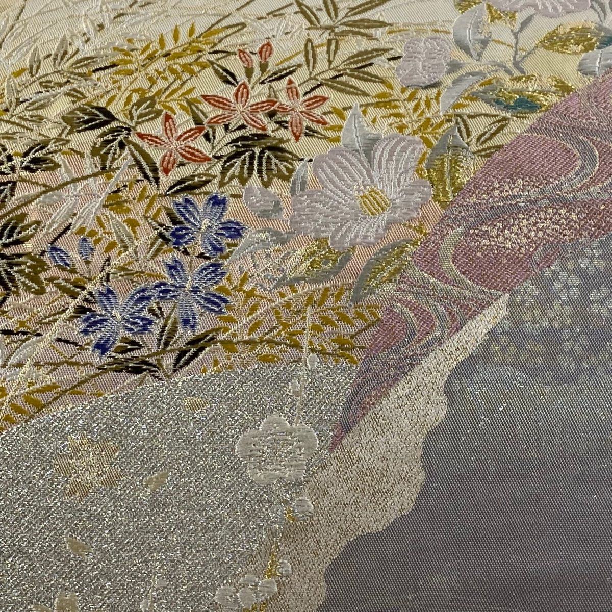 袋帯 秀品 椿 流水 金銀糸 箔 灰色 六通 正絹