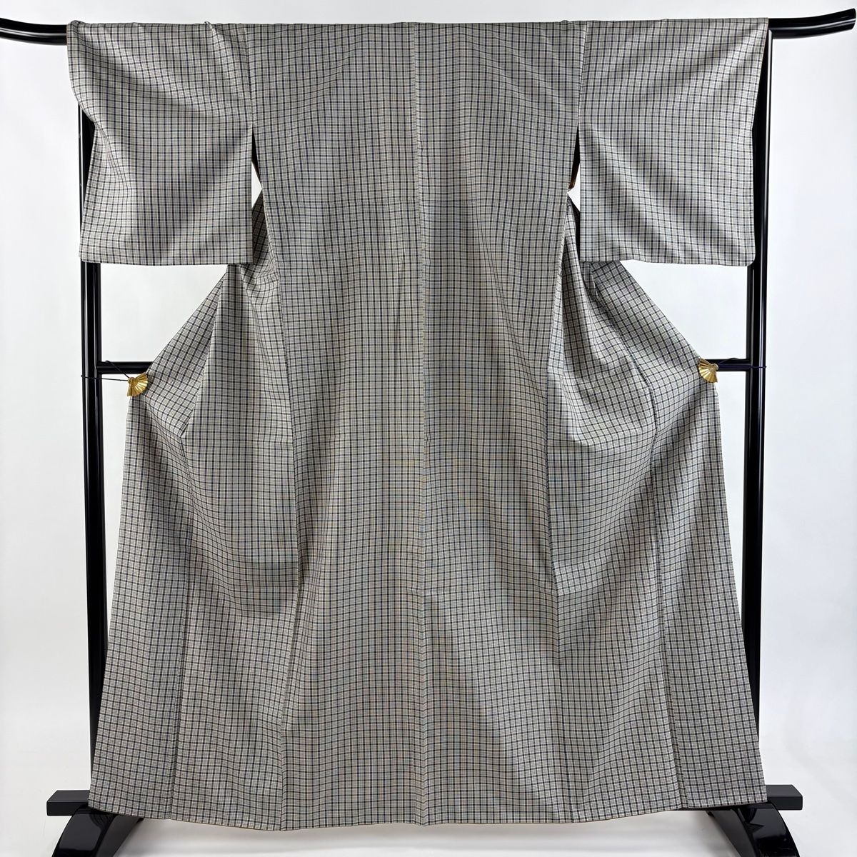 紬 身丈162 cm 裄丈67.5 L 袷 千總 格子 灰色 正絹