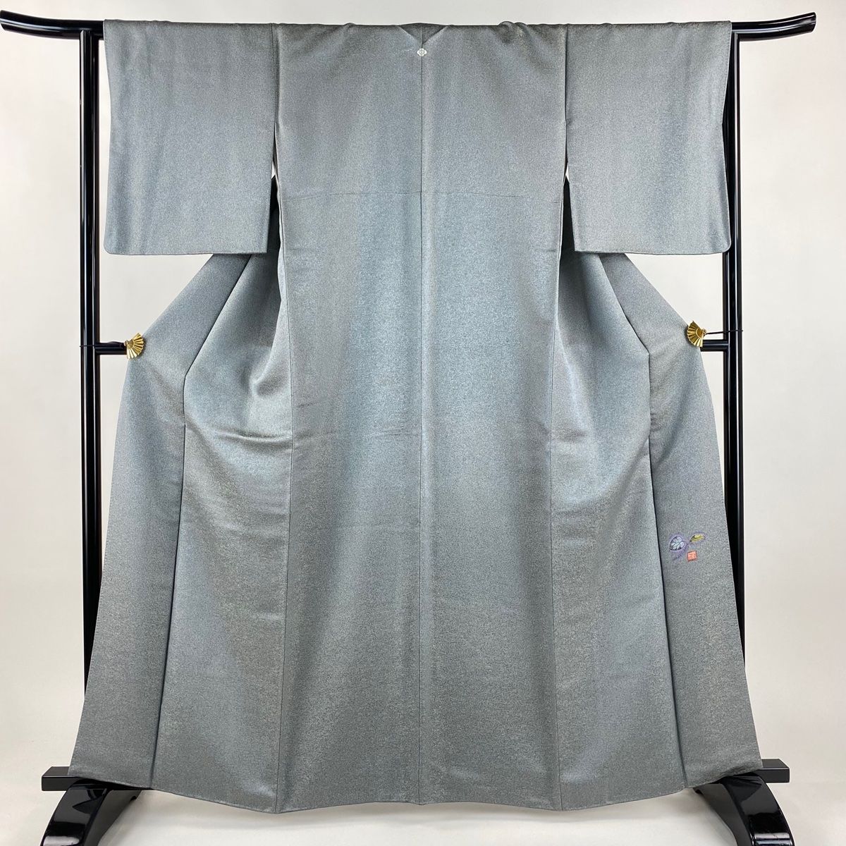 小紋 身丈162 5 cm 裄丈65 M 袷 久保田一竹工房 落款 草花 金通し 青灰色 正絹 一つ紋