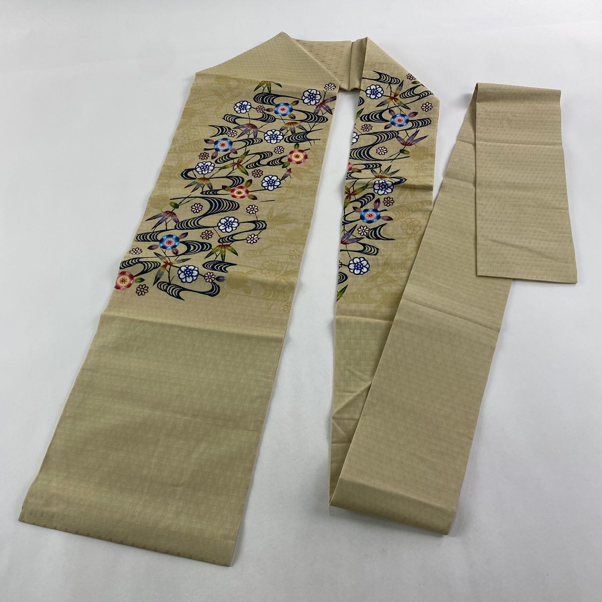  名古屋帯 琉球紅型 染谷唯 草花 流水 ベージュ 正絹 名古屋帯 帯