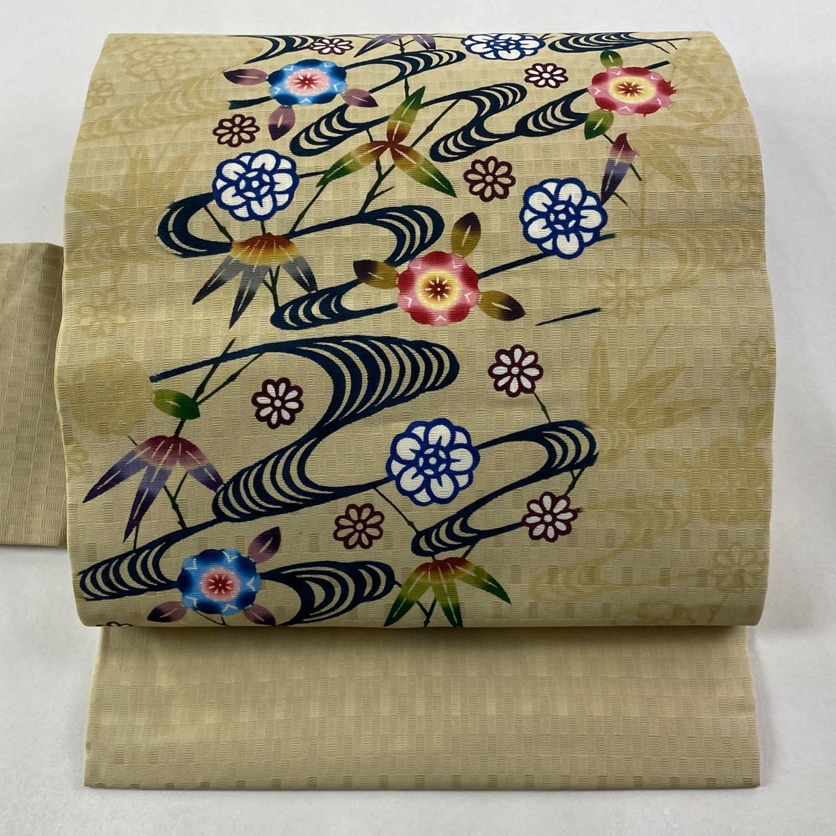 名古屋帯 琉球紅型 染谷唯 草花 流水 ベージュ 正絹