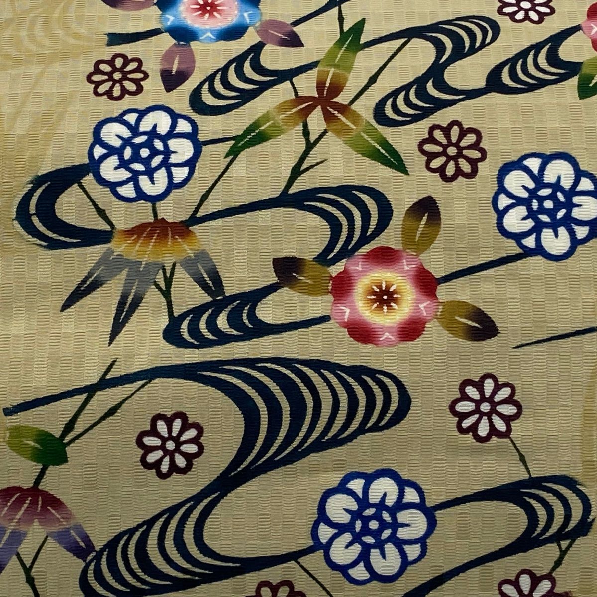 名古屋帯 琉球紅型 染谷唯 草花 流水 ベージュ 正絹