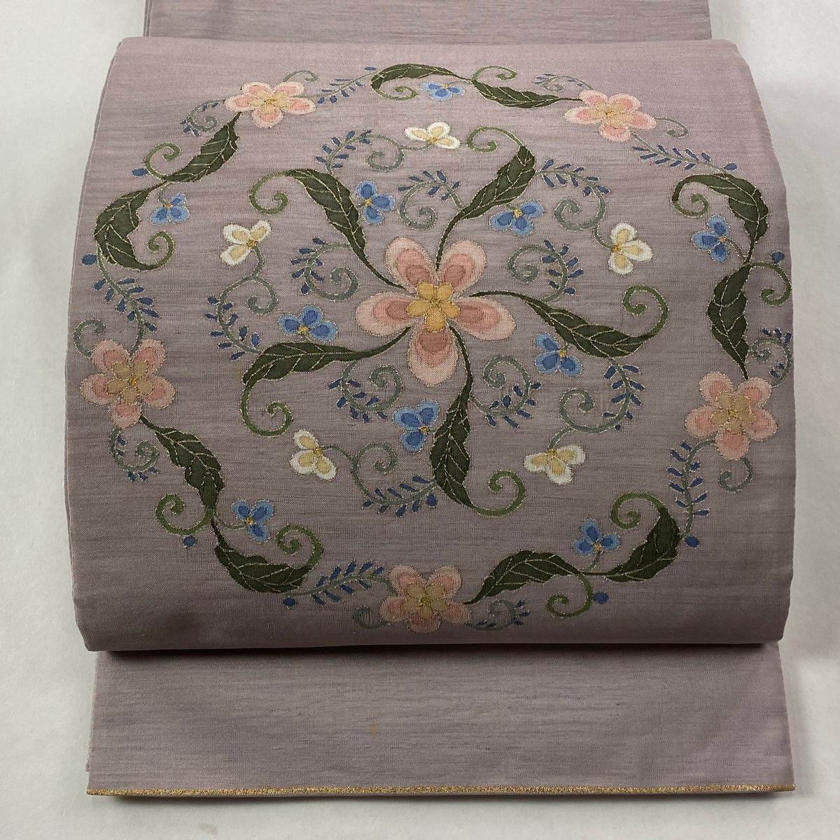 袋帯 花唐草 金糸 灰紫 お太鼓柄 正絹