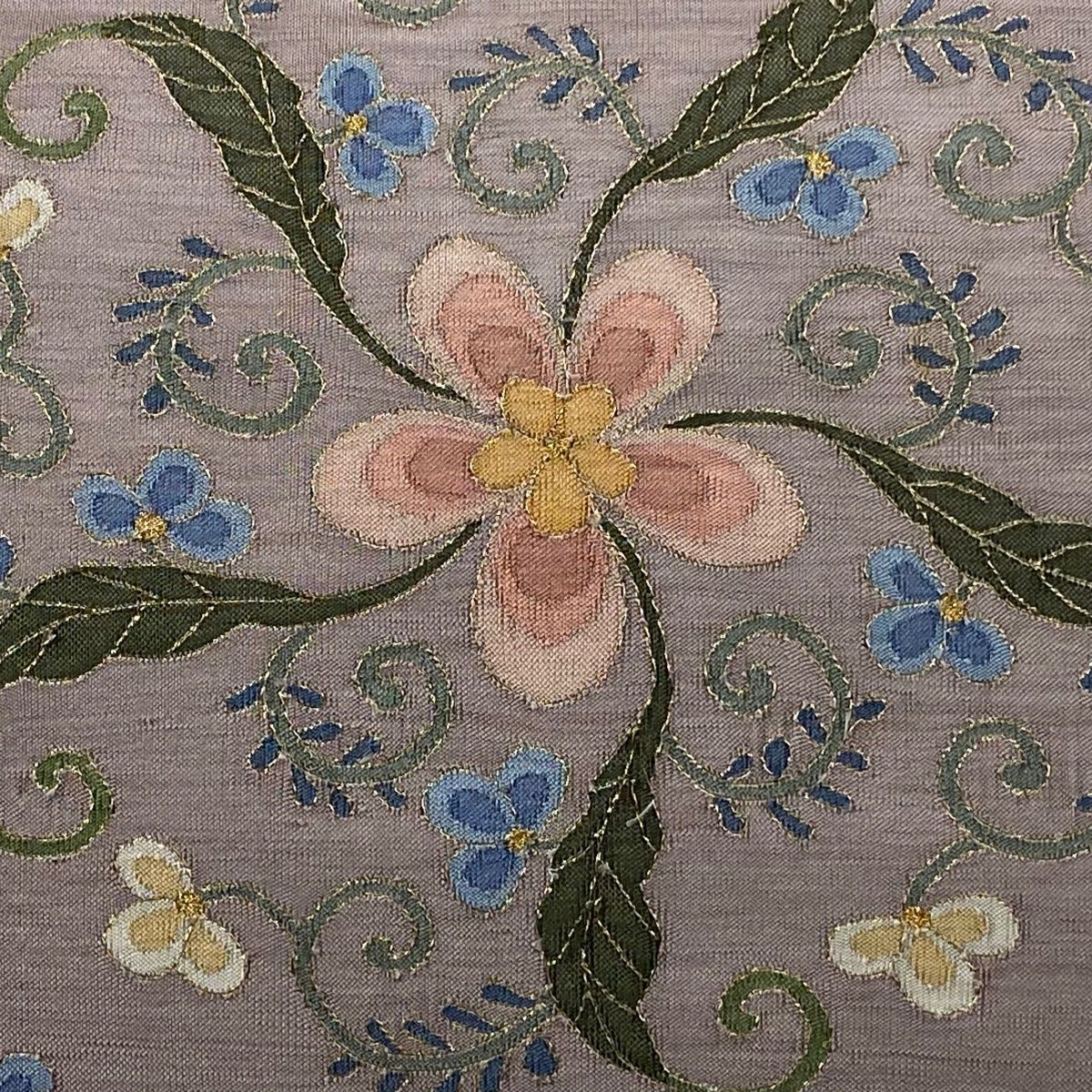 袋帯 花唐草 金糸 灰紫 お太鼓柄 正絹