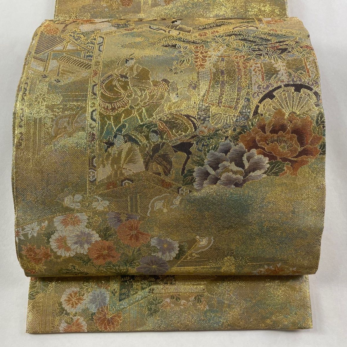 丸帯 源氏絵 御所車 箔 金色 お太鼓柄 正絹