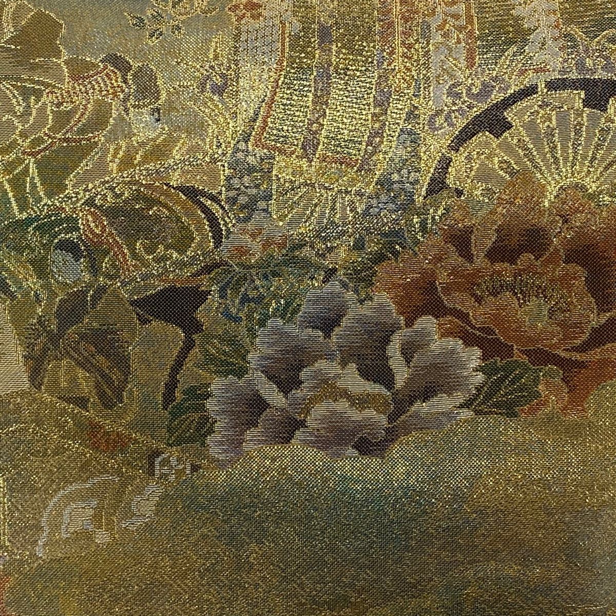 丸帯 源氏絵 御所車 箔 金色 お太鼓柄 正絹