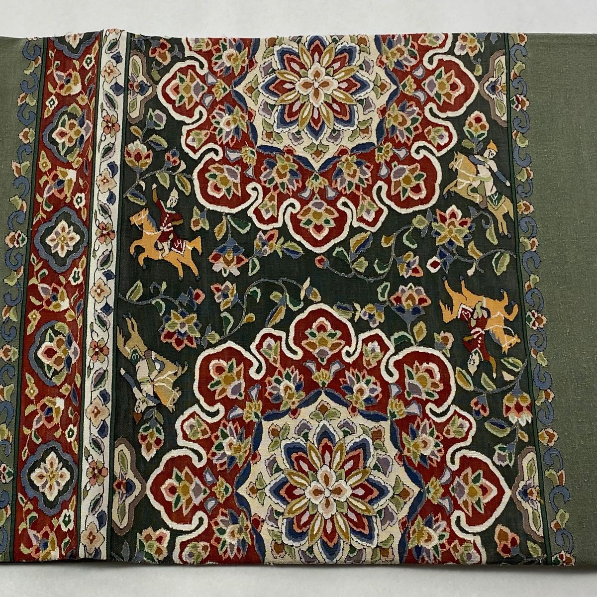  袋帯 華文 狩猟紋 灰緑 お太鼓柄 正絹 袋帯 帯