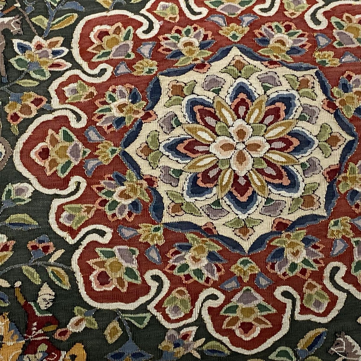 袋帯 華文 狩猟紋 灰緑 お太鼓柄 正絹