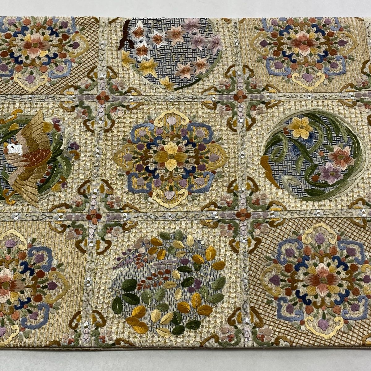  袋帯 華文 鳥 金糸 刺繍 ベージュ 六通 正絹 袋帯 帯