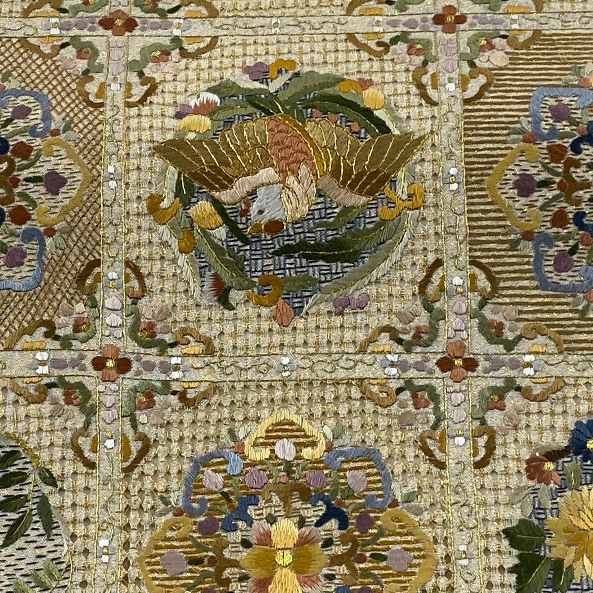 袋帯 華文 鳥 金糸 刺繍 ベージュ 六通 正絹