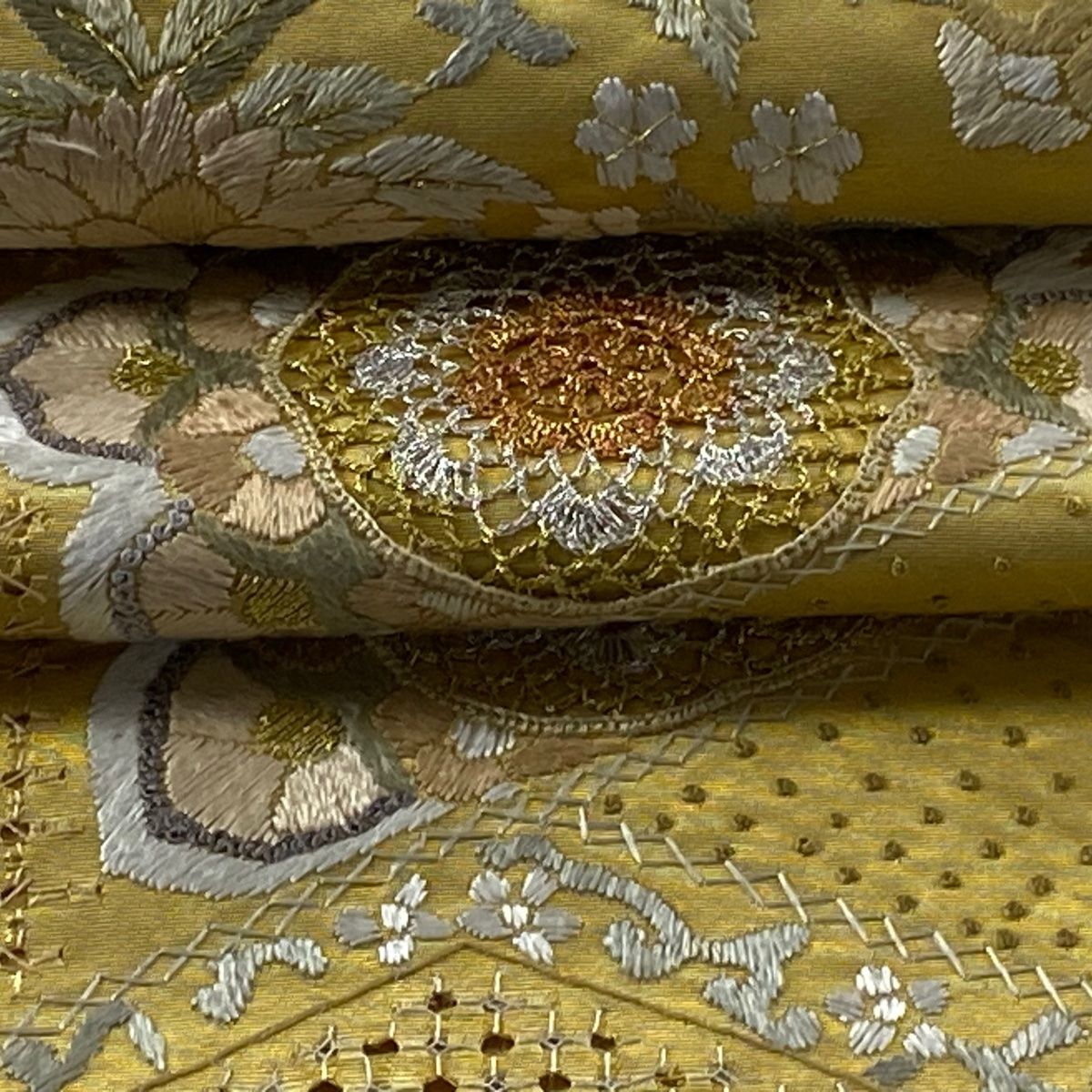  袋帯 華文 向かい鳥 金銀糸 刺繍 金色 六通 正絹 袋帯 帯