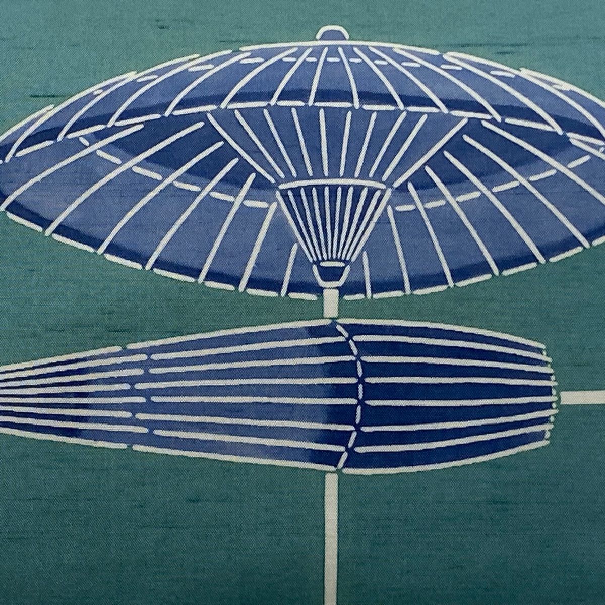 袋帯 栗山吉三郎 落款 紬地 番傘 灰緑 お太鼓柄 正絹