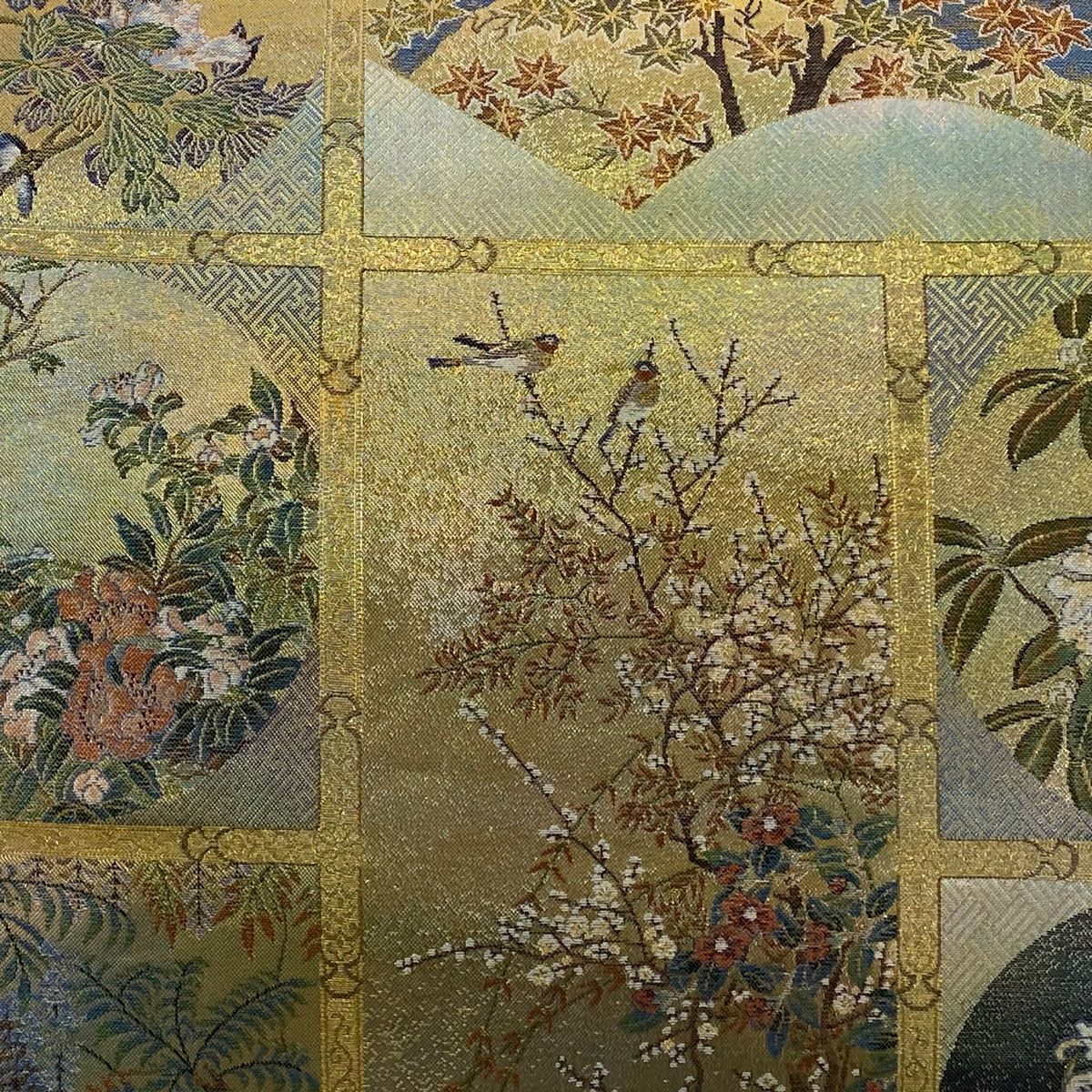 丸帯 花鳥画天井絵巻 金糸 箔 金色 お太鼓柄 正絹