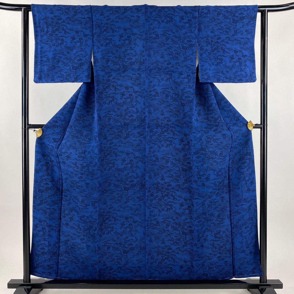 小紋 身丈157 cm 裄丈61 S 袷 阿波藍型染 落款 草花 観世水 縮緬 藍色 正絹