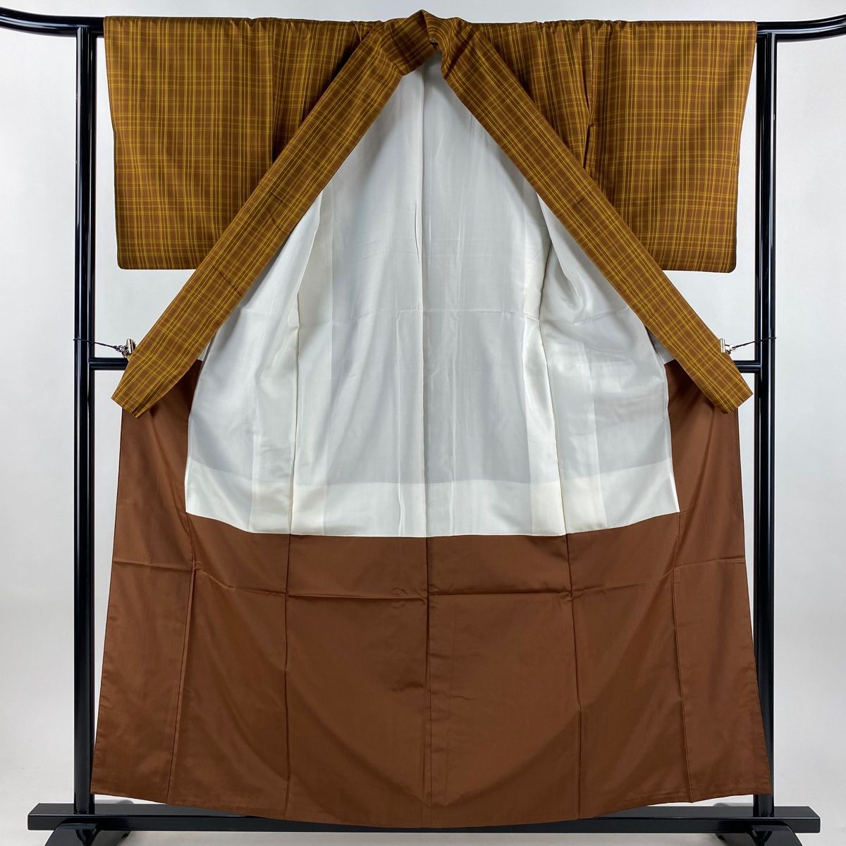  紬 身丈159 cm 裄丈62 S 袷 出羽八丈 証紙 格子柄 茶色 正絹 紬 着物