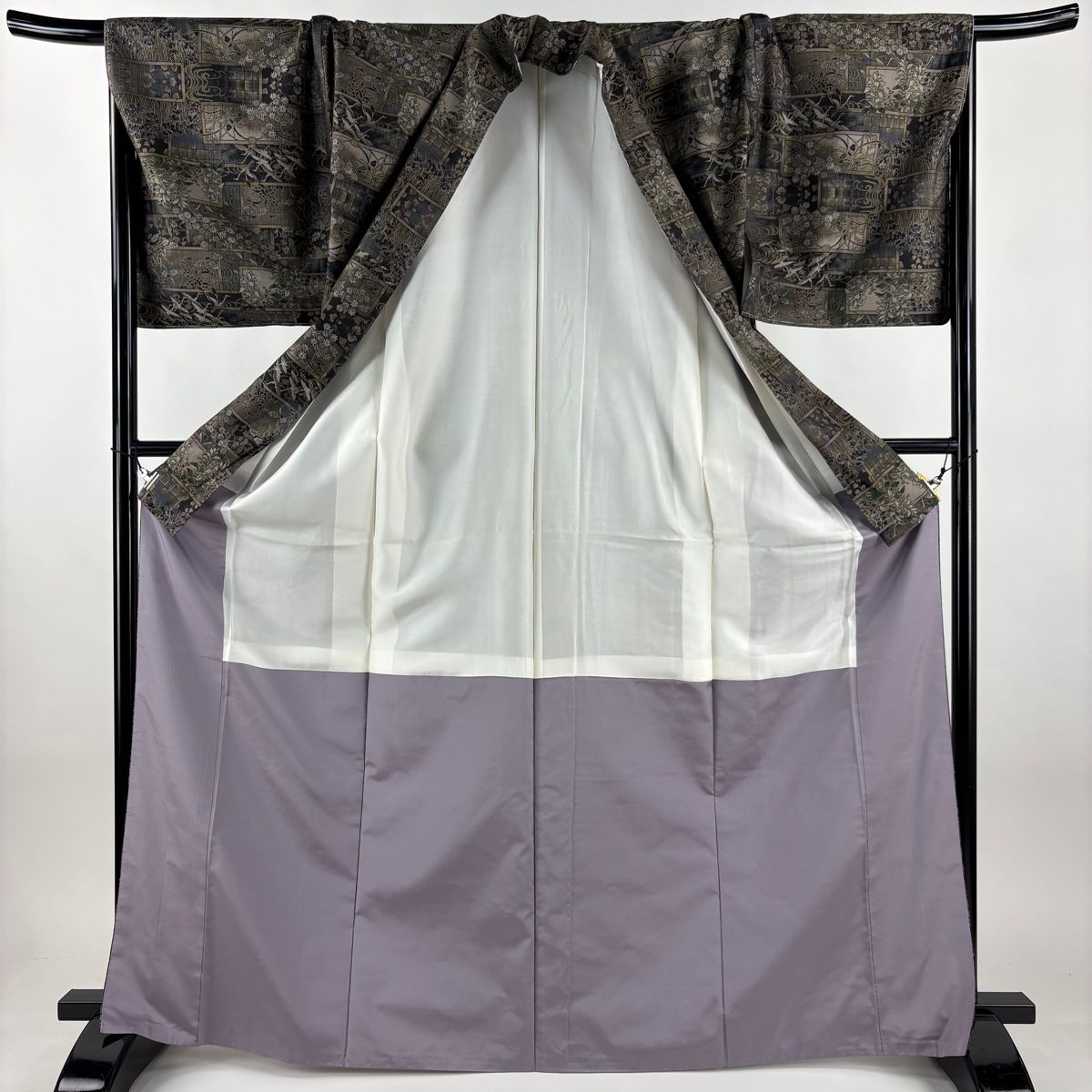  大島紬 身丈169 cm 裄丈69 L 袷 証紙 鶴 草花 灰茶 正絹 紬 着物