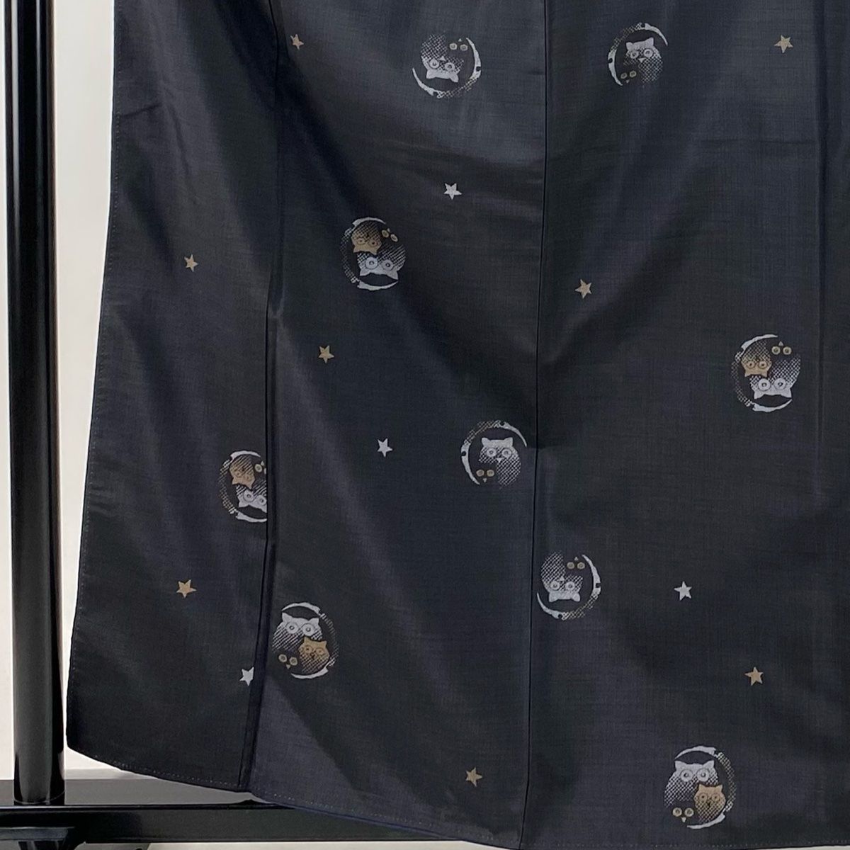 紬 身丈160 cm 裄丈66 M 袷 フクロウ 星 青黒 正絹