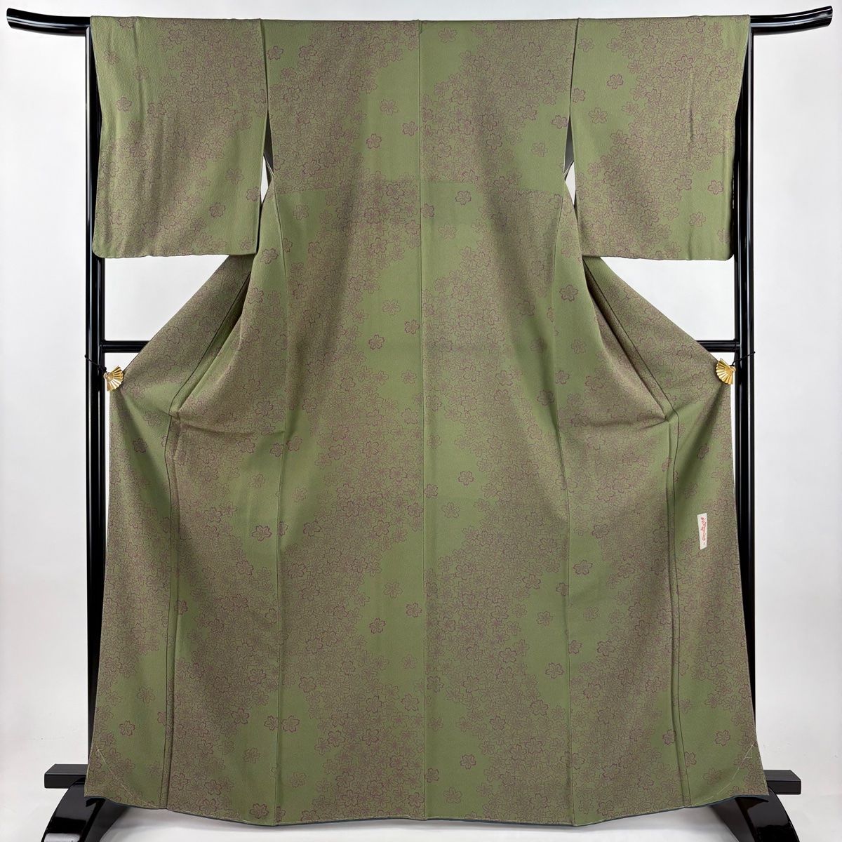 小紋 身丈166 5 cm 裄丈65 M 袷 辻村ジュサブロー 落款 桜 縮緬 よもぎ色 正絹