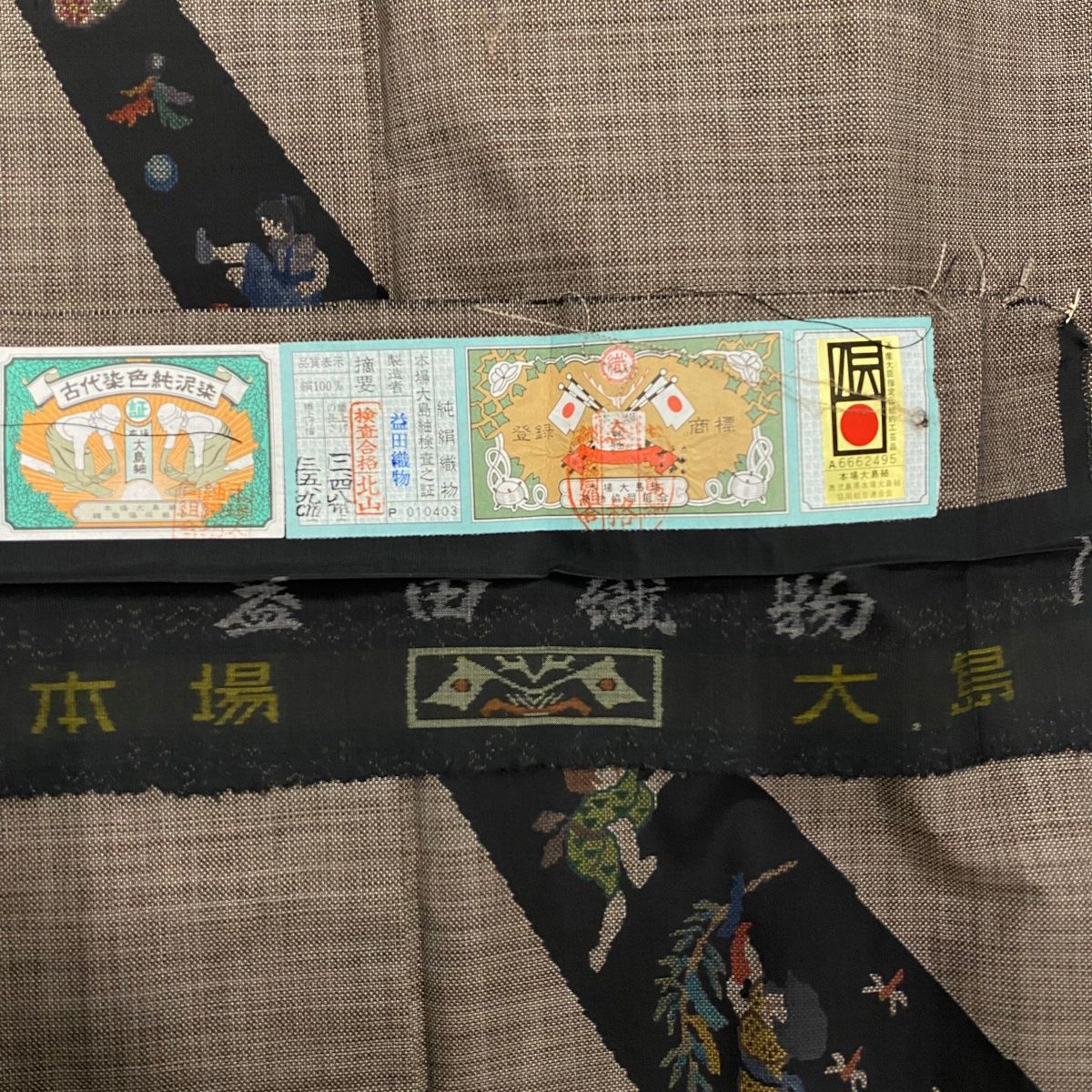  大島紬 身丈161 cm 裄丈63.5 S 袷 純泥染 証紙 人物 トンボ 焦茶色 正絹 紬 着物