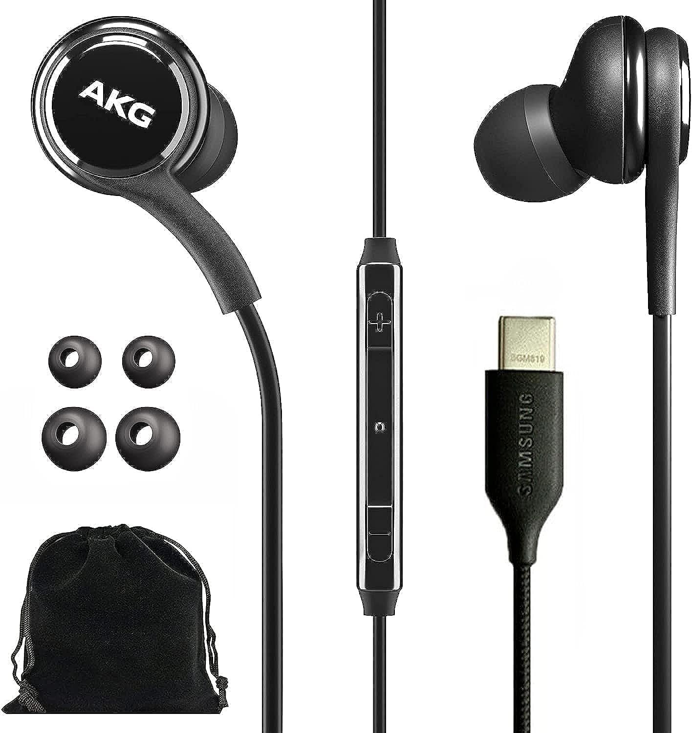 SAMSUNG AKG 有線イヤホン オリジナル USB Type C インイヤーイヤホン ヘッドホン リモコン-マイク付き 音楽 電話 仕事用 - ノイズ遮断 重低音 ベルベットキャリーポーチ付き - ブラック