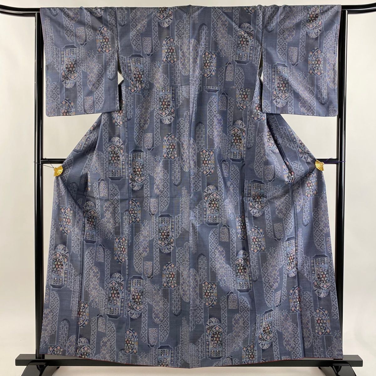 紬 身丈160 5 cm 裄丈64 M 袷 落款 草花 花菱 青灰色 正絹