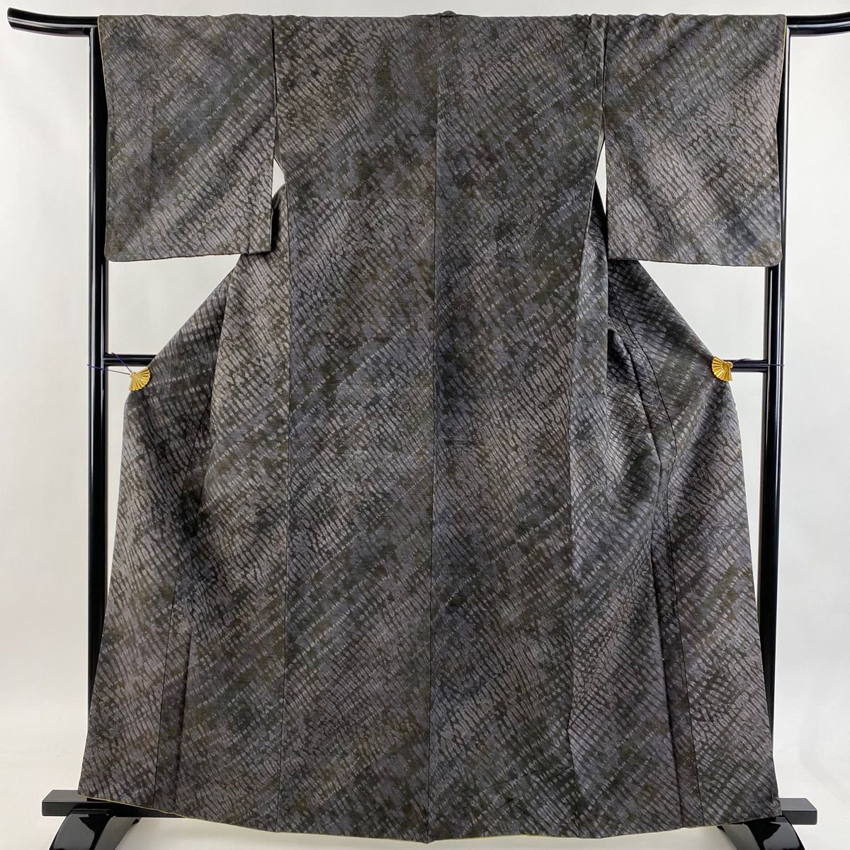 小紋 身丈161 cm 裄丈66 M 袷 紬地 落款 幾何学模様 絞り 深緑 正絹