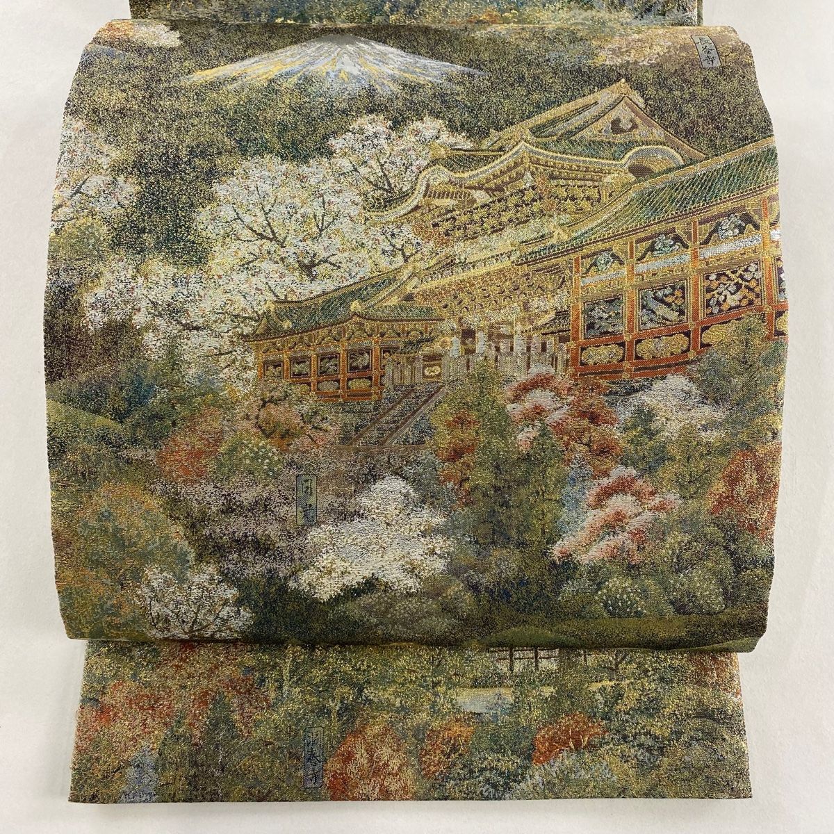 袋帯 風景 建物 金糸 箔 灰緑 お太鼓柄 正絹