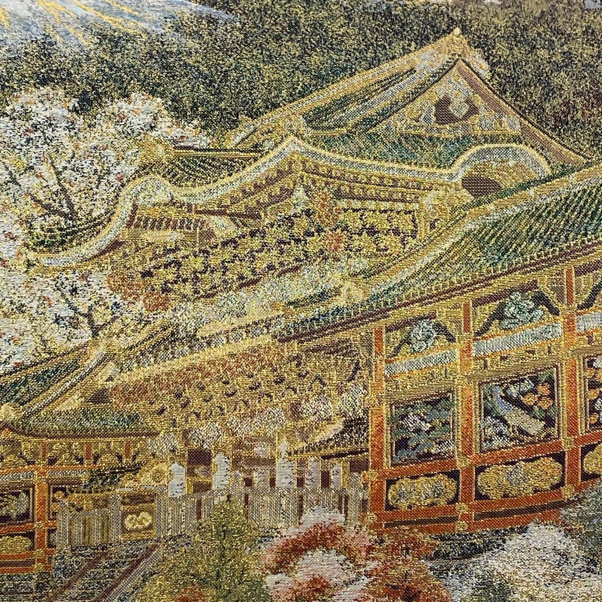 袋帯 風景 建物 金糸 箔 灰緑 お太鼓柄 正絹