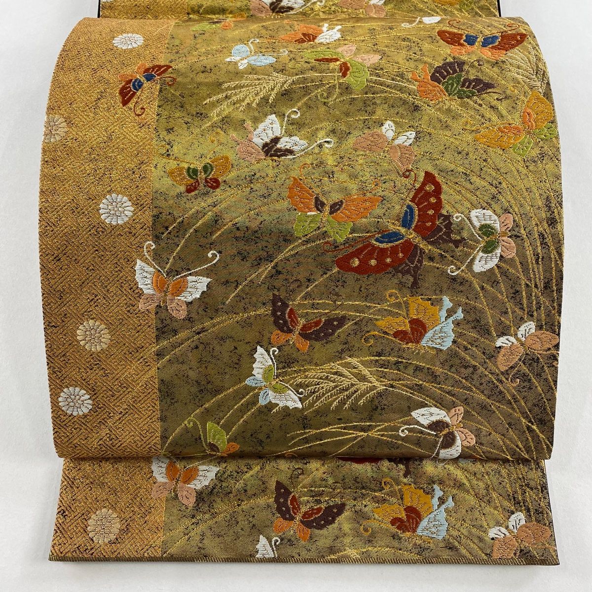 袋帯 河合美術織物 落款 関西仕立て 豊明錦 蝶 花 刺繍 金糸 金色 六通 正絹