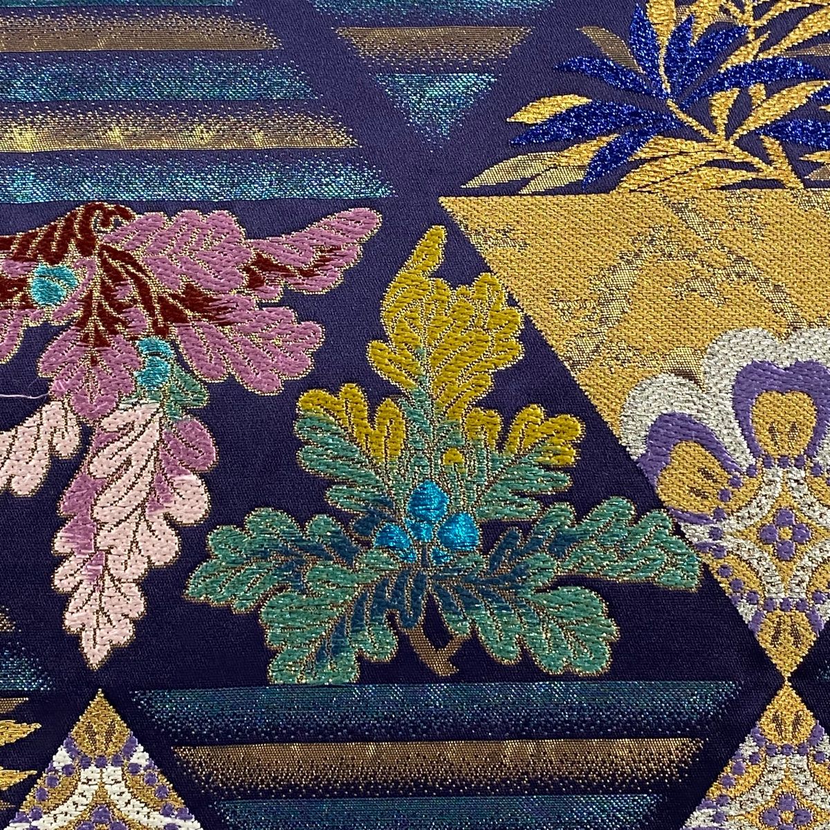 袋帯 草花 縞 金銀糸 箔 紺色 全通 正絹