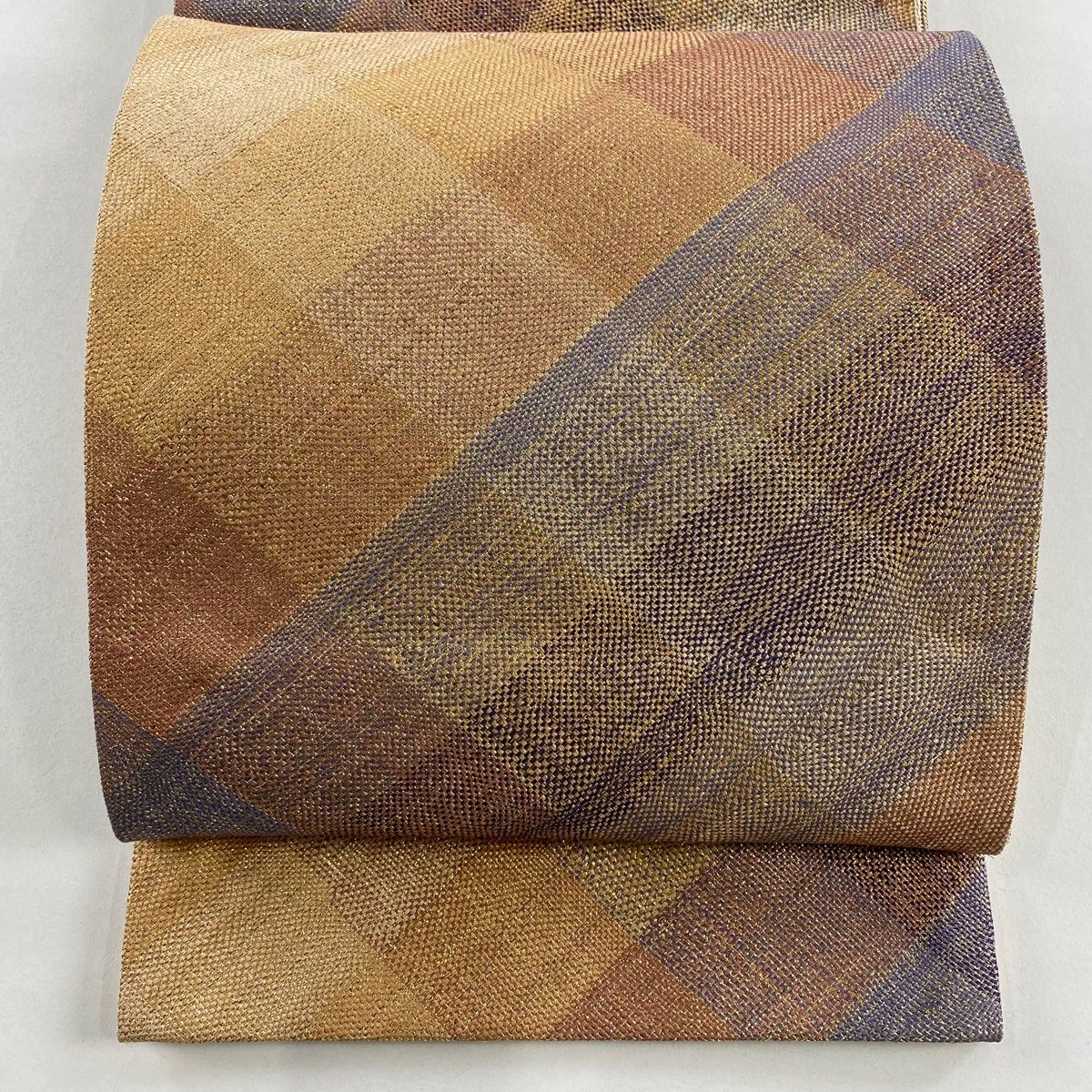袋帯 斜め格子 金糸 箔 薄オレンジ 全通 正絹