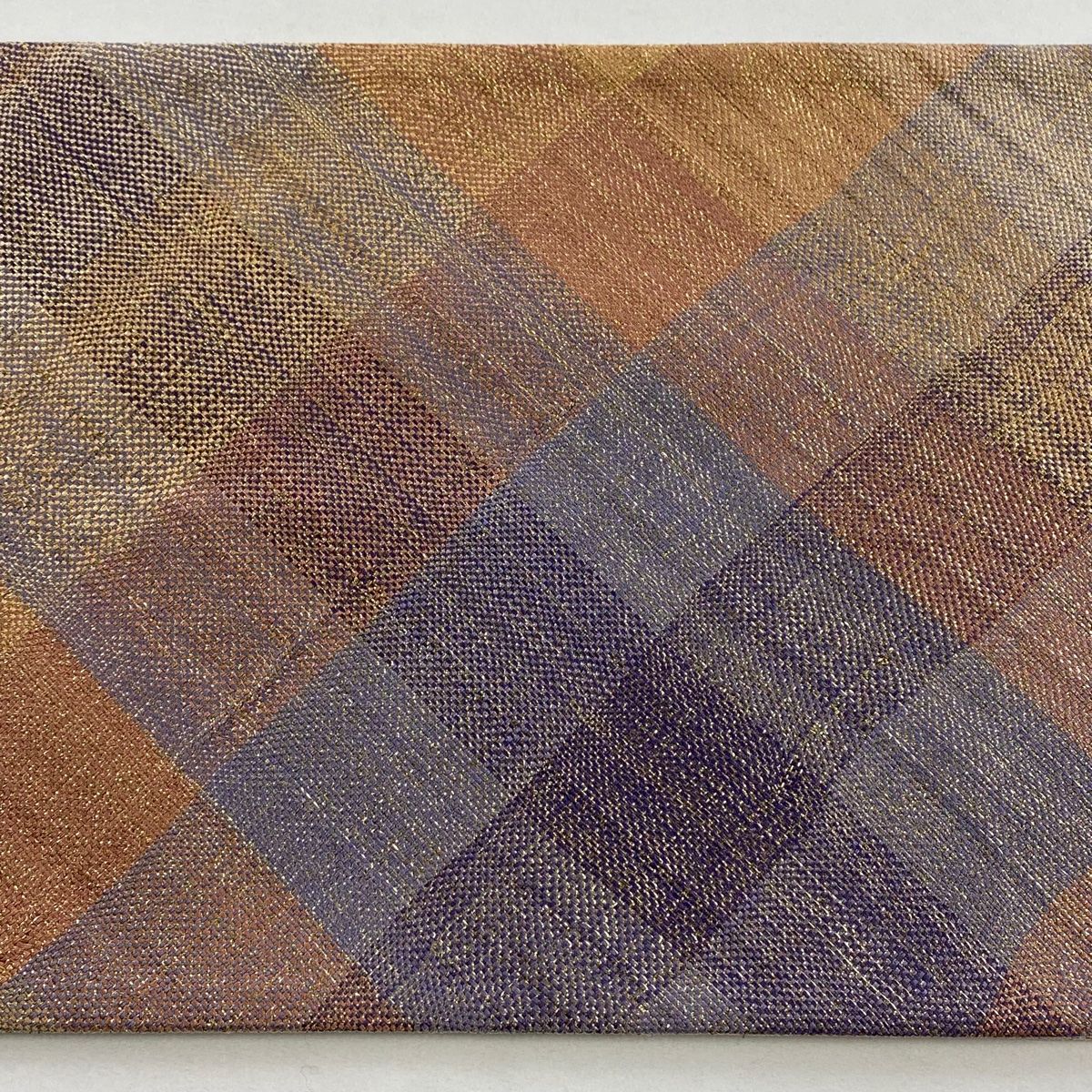  袋帯 斜め格子 金糸 箔 薄オレンジ 全通 正絹 袋帯 帯