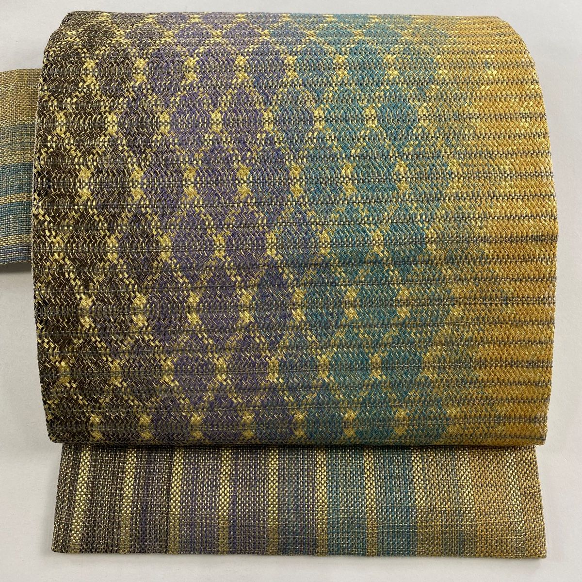 名古屋帯 斜め格子 縞 金糸 青緑 正絹