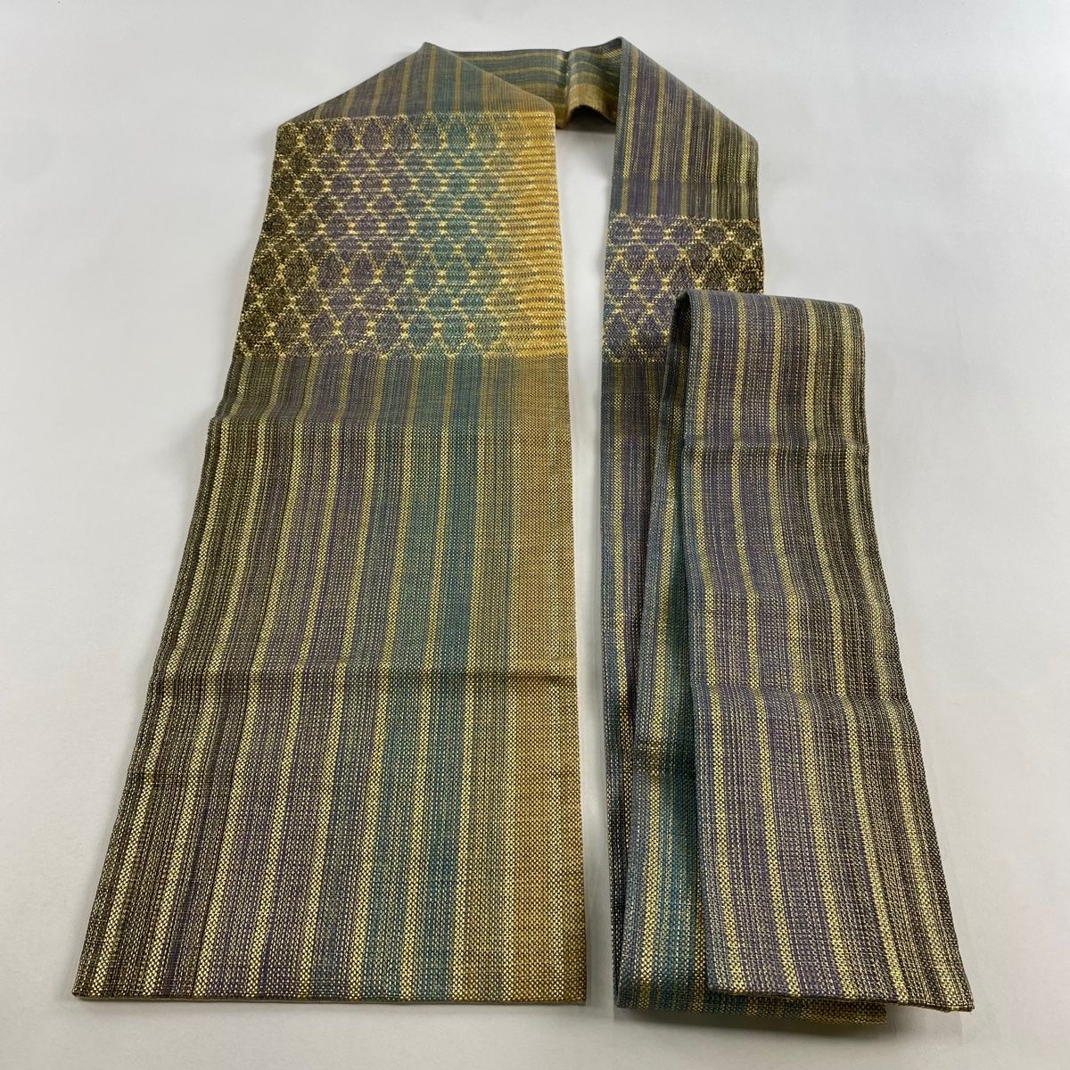  名古屋帯 斜め格子 縞 金糸 青緑 正絹 名古屋帯 帯
