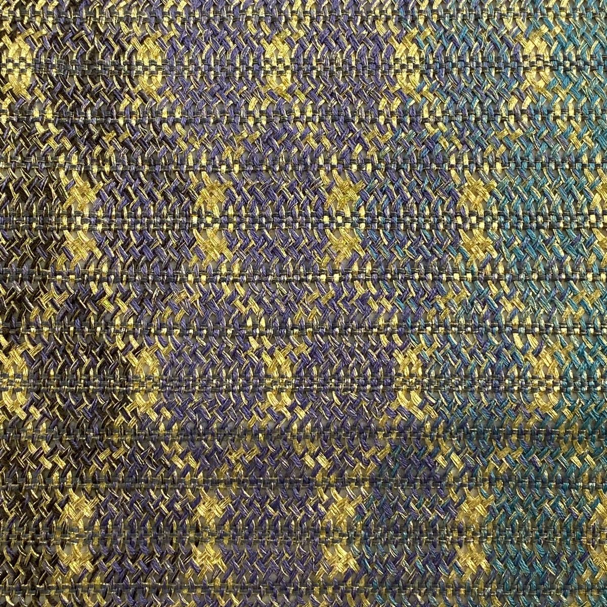 名古屋帯 斜め格子 縞 金糸 青緑 正絹