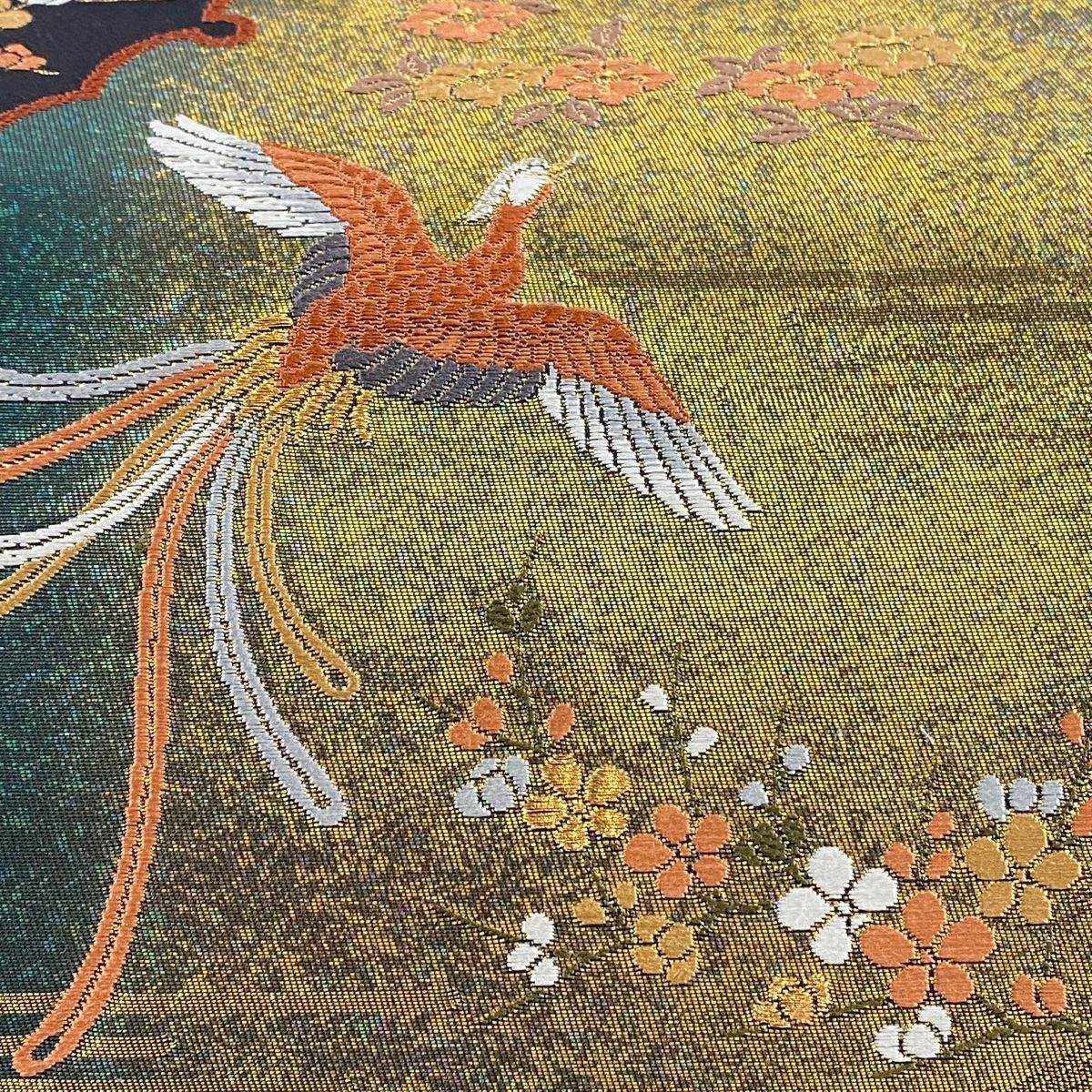 袋帯 花鳥 雪輪 金銀糸 刺繍 黒 六通 正絹
