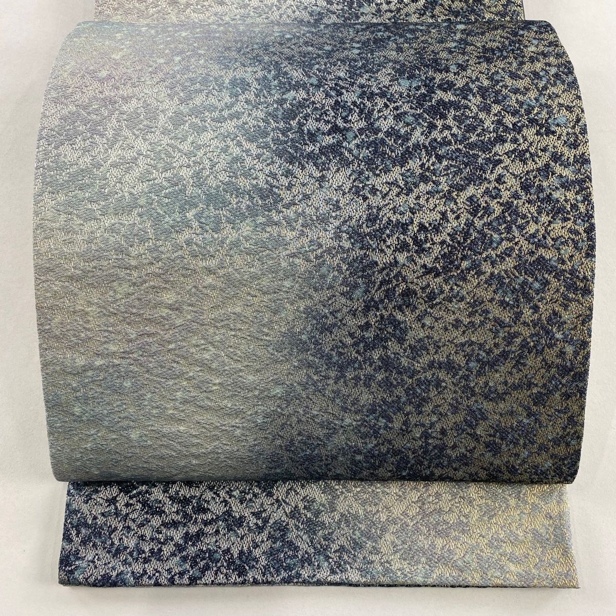 袋帯 吉乃一廉 落款 幾何学模様 金銀糸 青灰色 全通 正絹