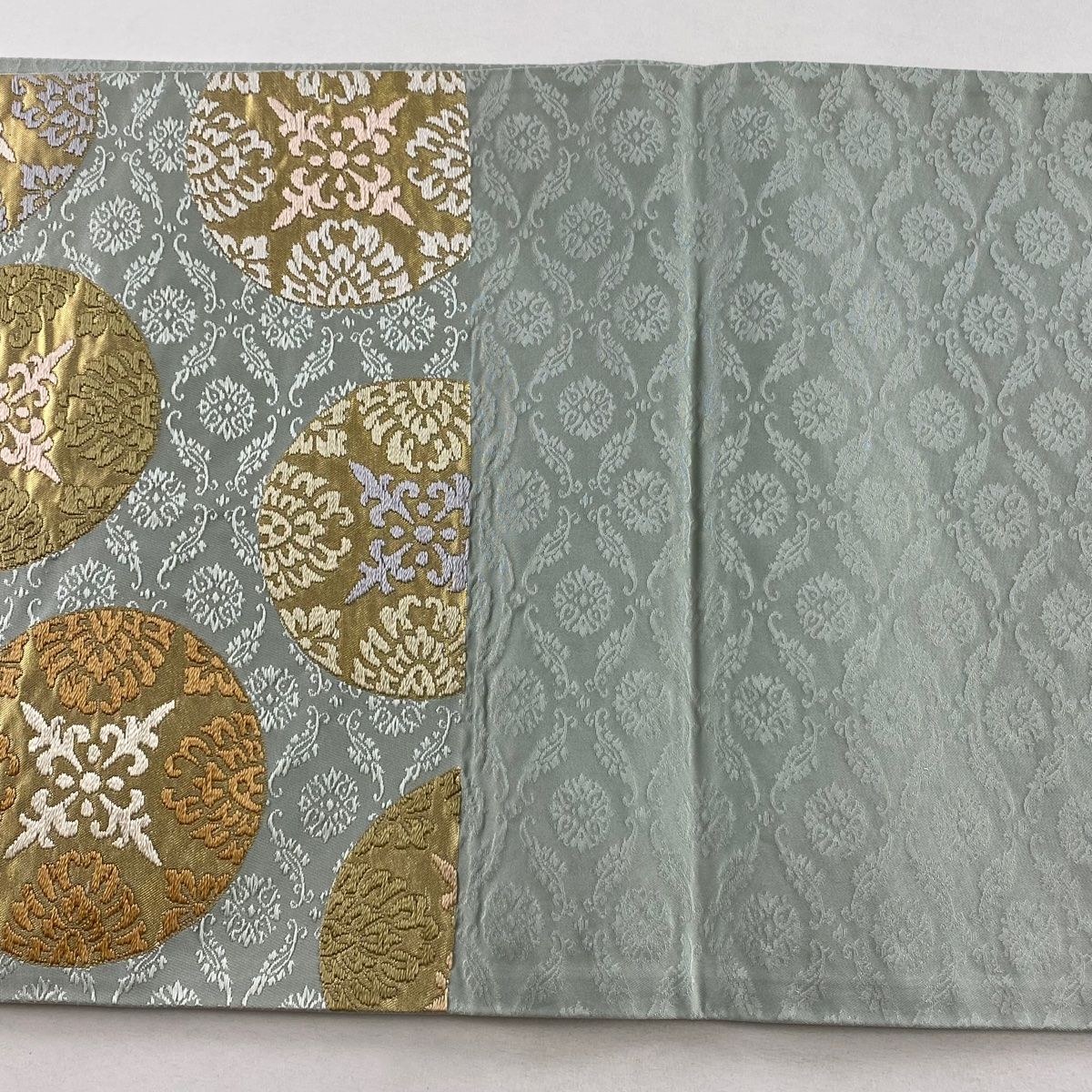  袋帯 丸文 草花 刺繍 箔 灰緑 六通 正絹 袋帯 帯