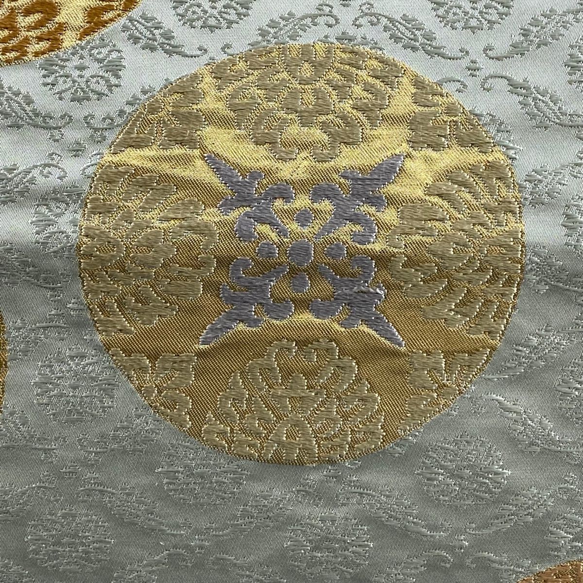 袋帯 丸文 草花 刺繍 箔 灰緑 六通 正絹