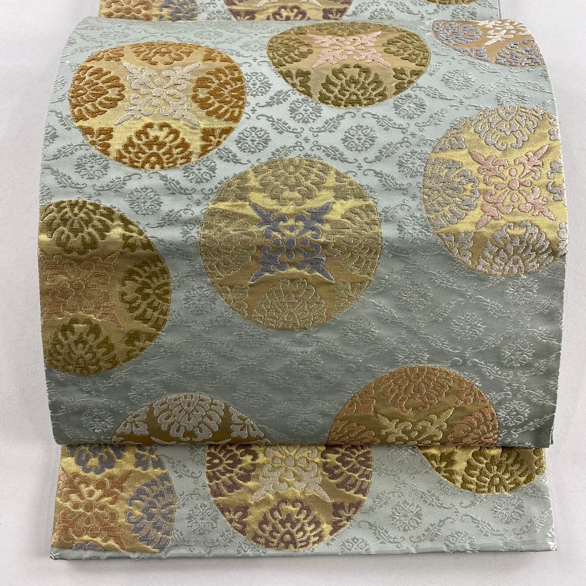 袋帯 丸文 草花 刺繍 箔 灰緑 六通 正絹