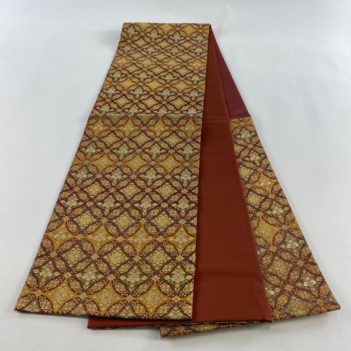  袋帯 七宝繋ぎ 草花 金糸 金色 六通 正絹 袋帯 帯