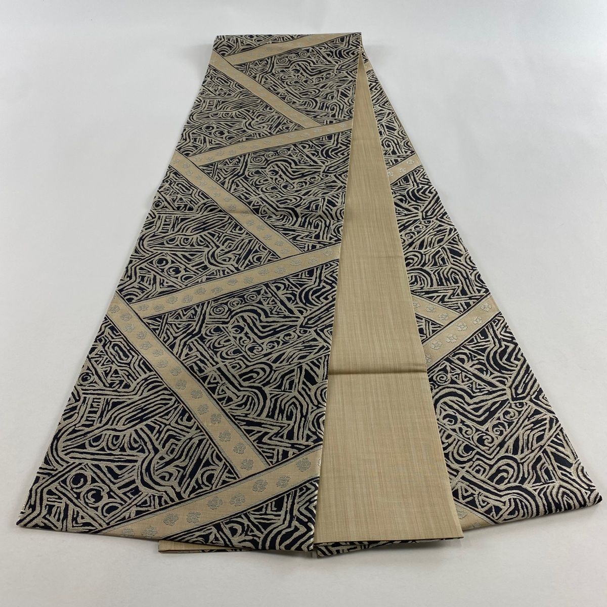  袋帯 花 幾何学模様 紺色 全通 正絹 袋帯 帯