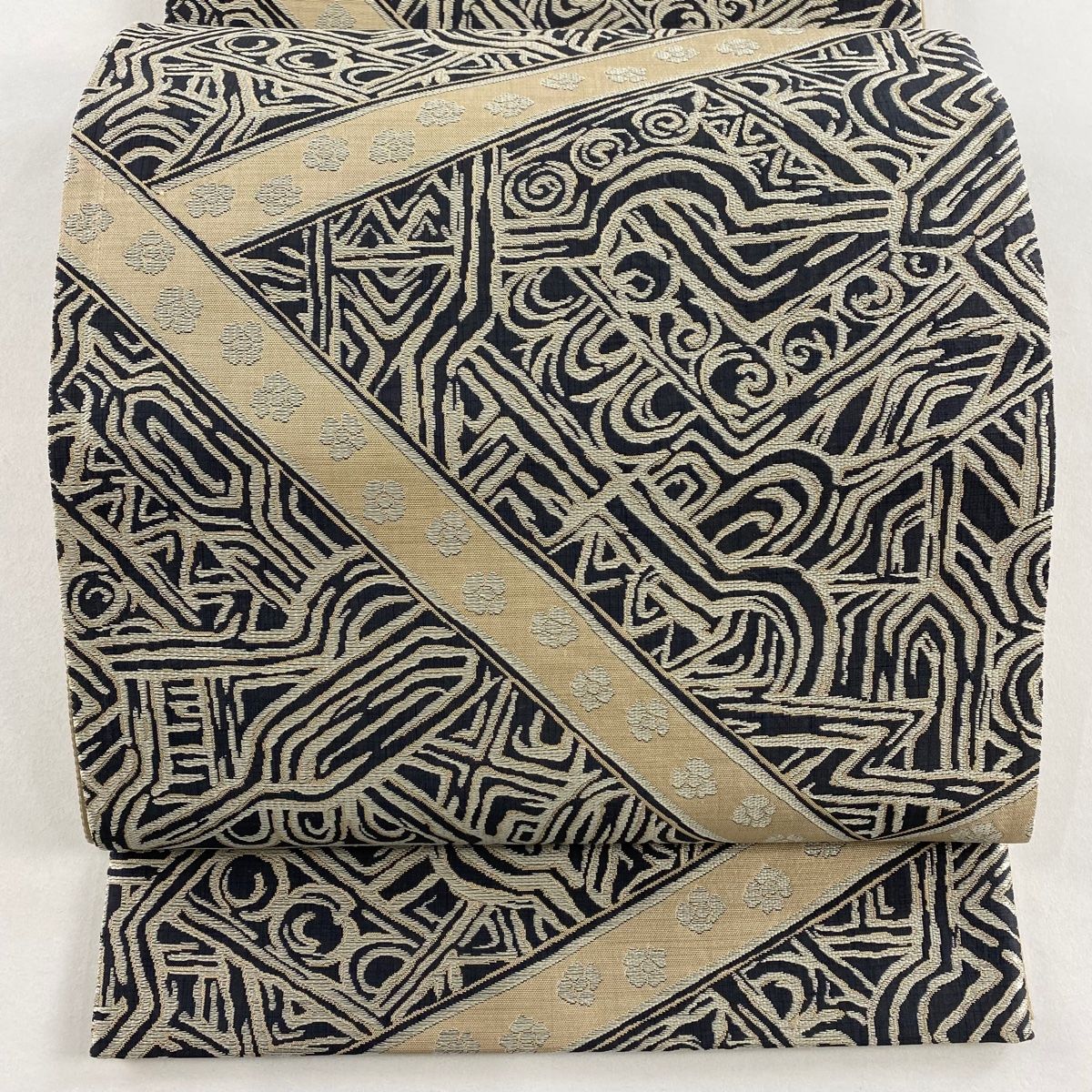 袋帯 花 幾何学模様 紺色 全通 正絹