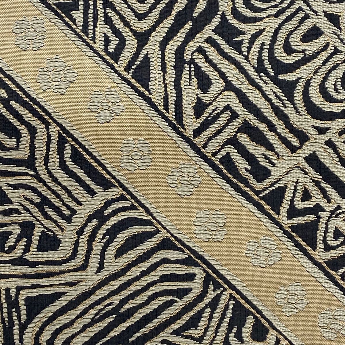 袋帯 花 幾何学模様 紺色 全通 正絹