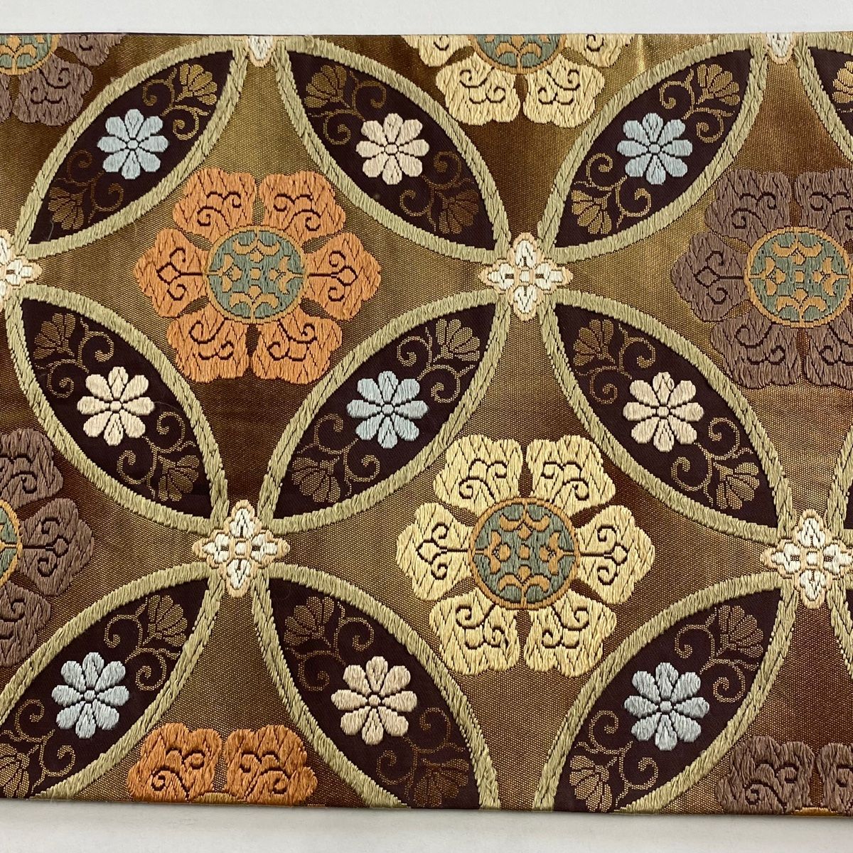 河合美術織物　袋帯　本金箔　唐織 袋帯 名品 河合美術織物 落款 鳥 華文 箔 金銀糸 ベージュ 六通 正絹