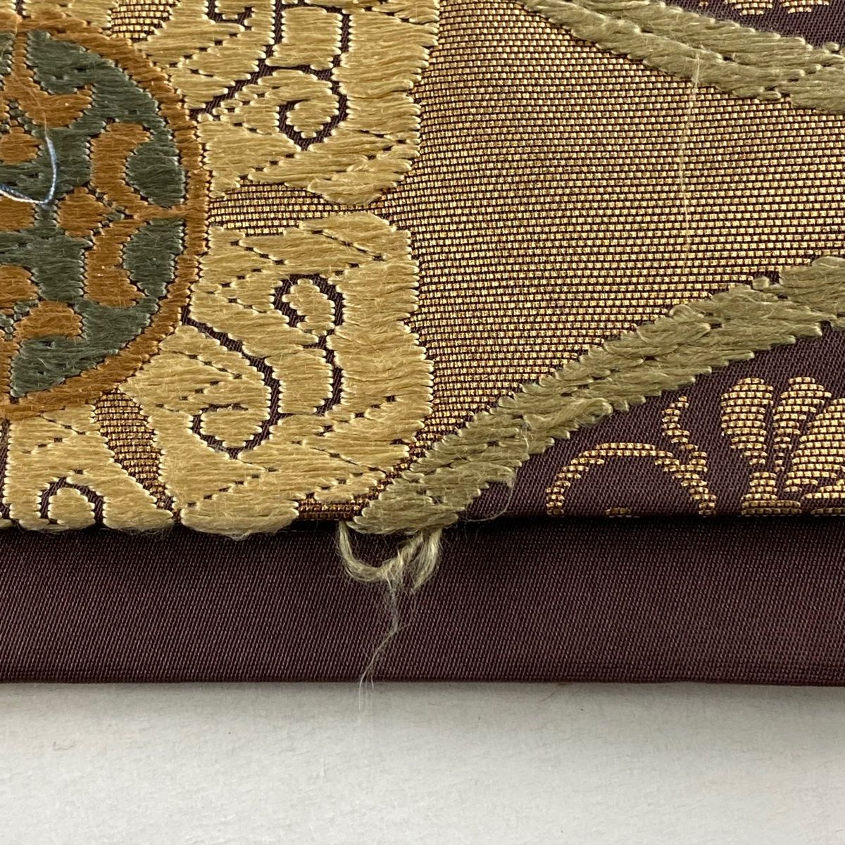 河合美術織物　袋帯　本金箔　唐織 袋帯 名品 河合美術織物 落款 鳥 華文 箔 金銀糸 ベージュ 六通 正絹