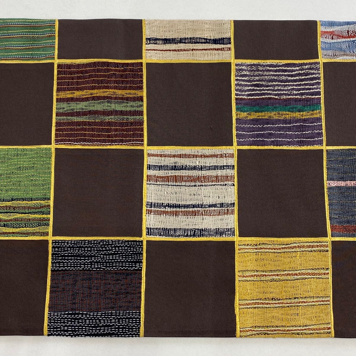  袋帯 市松 縞 金彩 焦茶色 全通 正絹 袋帯 帯