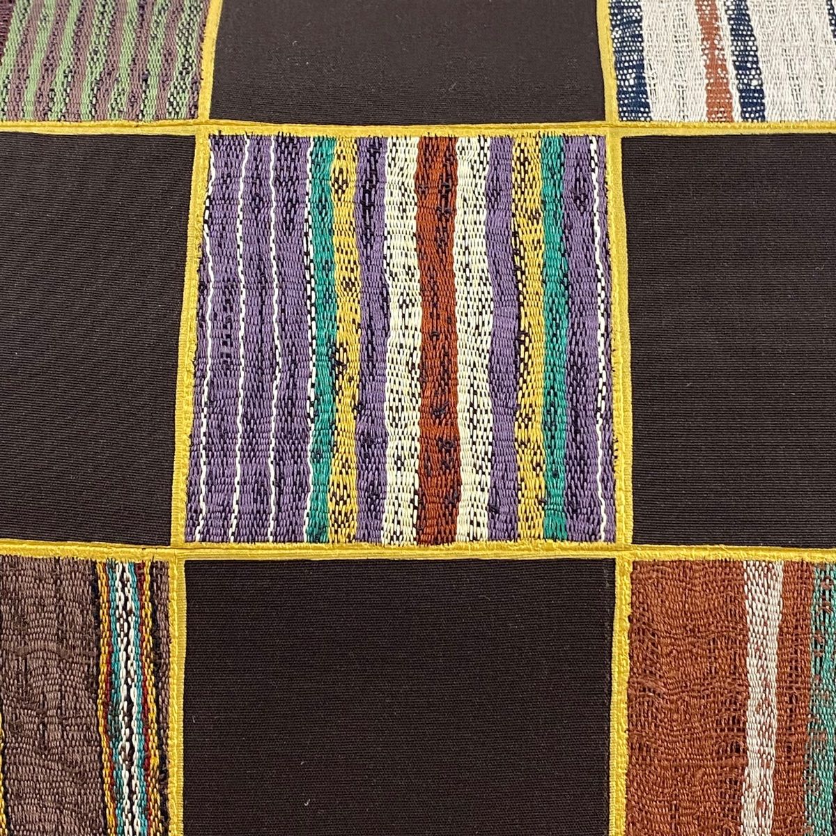 袋帯 市松 縞 金彩 焦茶色 全通 正絹